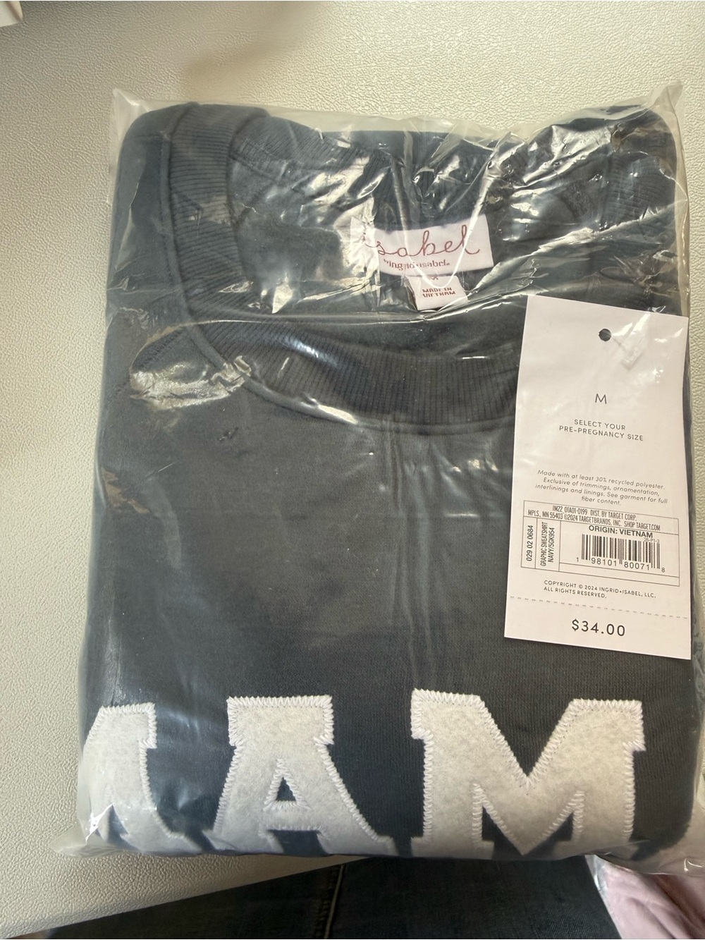 Ingrid & Isabel dark gray sweatshirt with white chenille lettering